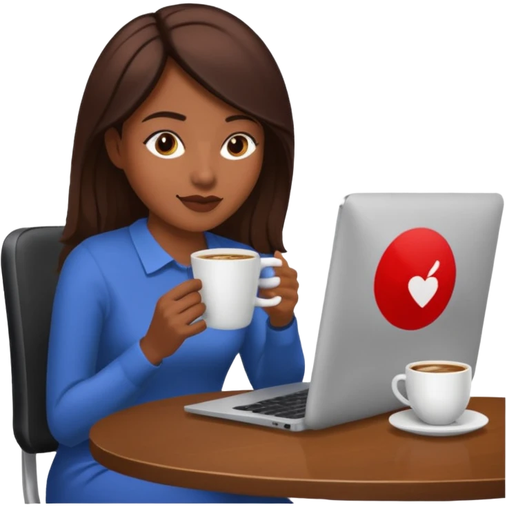 mujer tomando cafe y con un computador sentada en una mesa  emoji