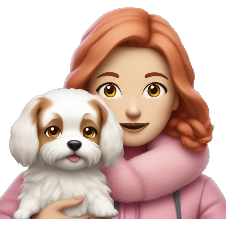 Woman with red hair and blue eyes wearing pink winter clothes holding a small white dog with fluffy fur  emoji