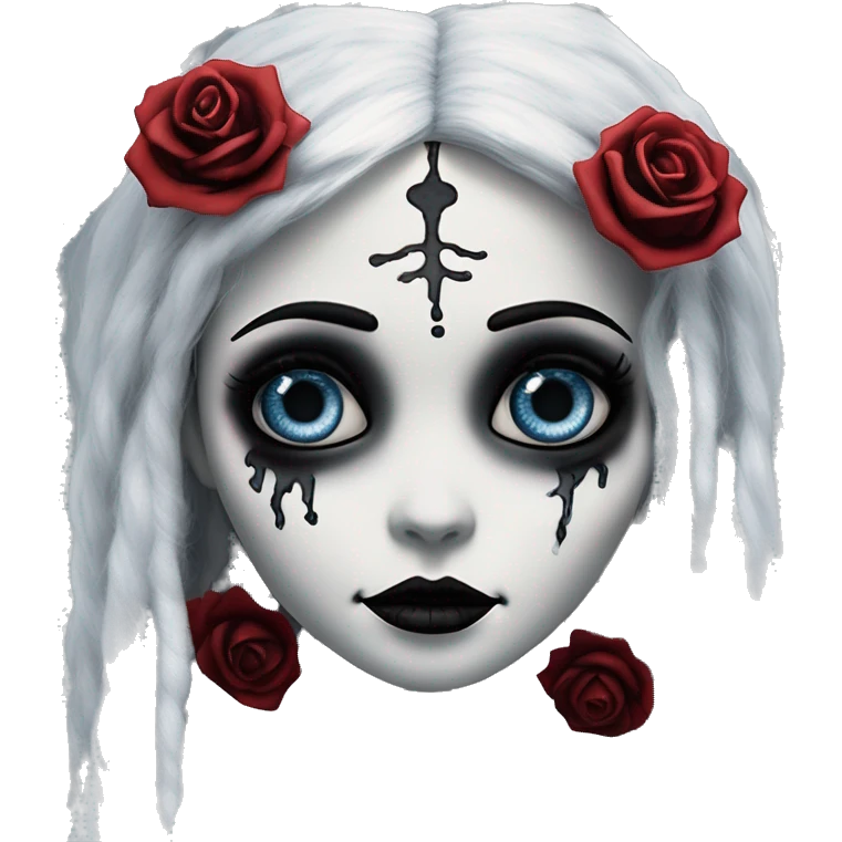 full height skeleton, tim burton "corpse bride", thin porcelain doll with a cracked face, goth makeup watery eyes, long hair, lace and ruffles, lolita style, inked, black and white, red roses, gothic castle with roses emoji