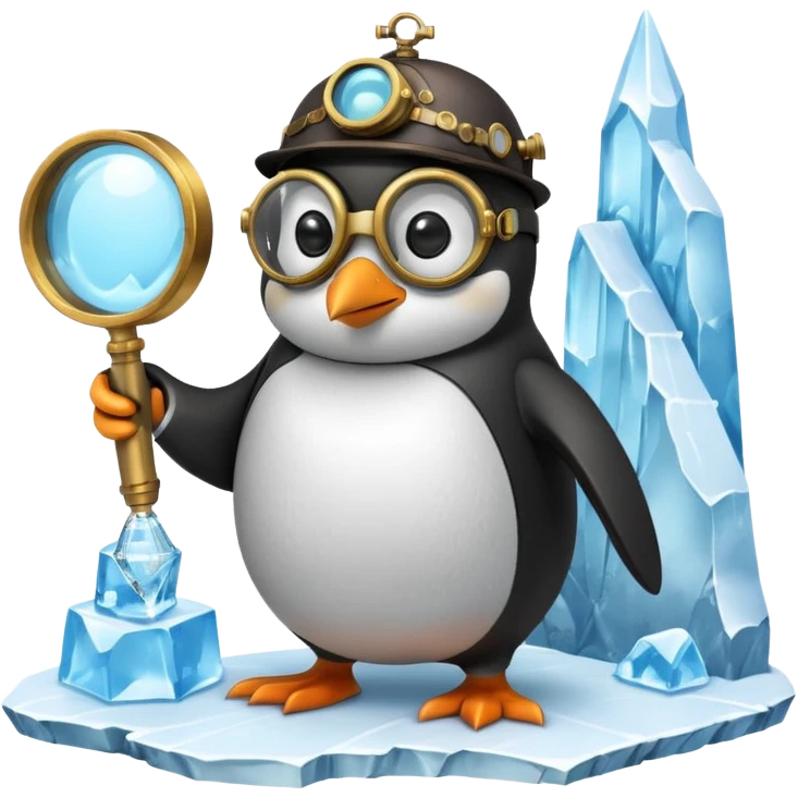 a steampunk engineer penguin analysing a matrix-like data stream descending from the sky, with a magnifying glass on top of an iceberg emoji