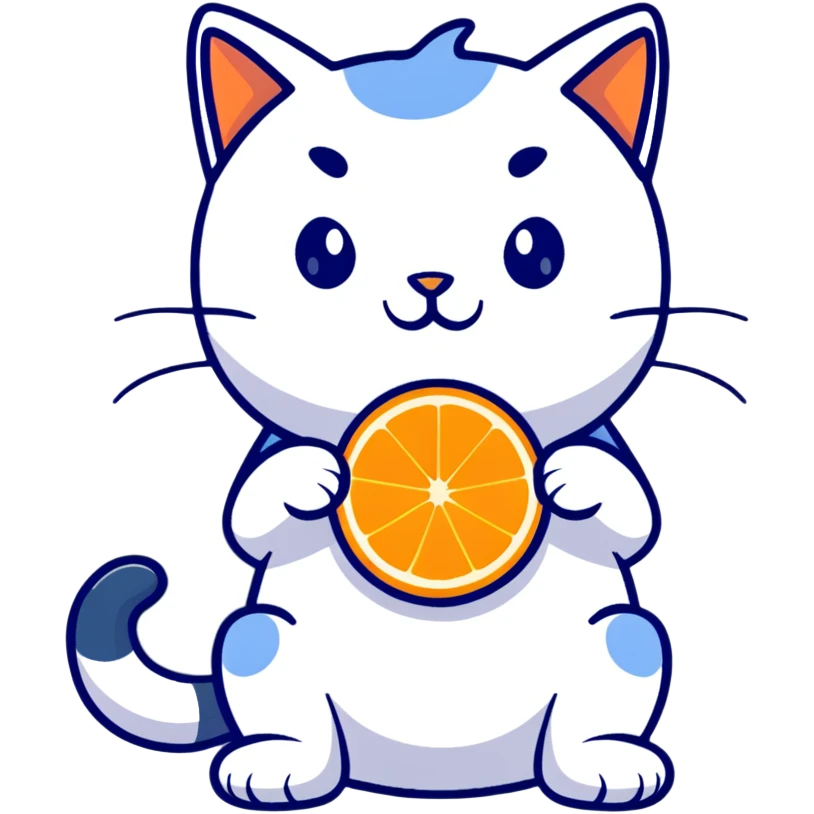 Cartoon orange cat eating an orange fruit that has a cat face on it emoji