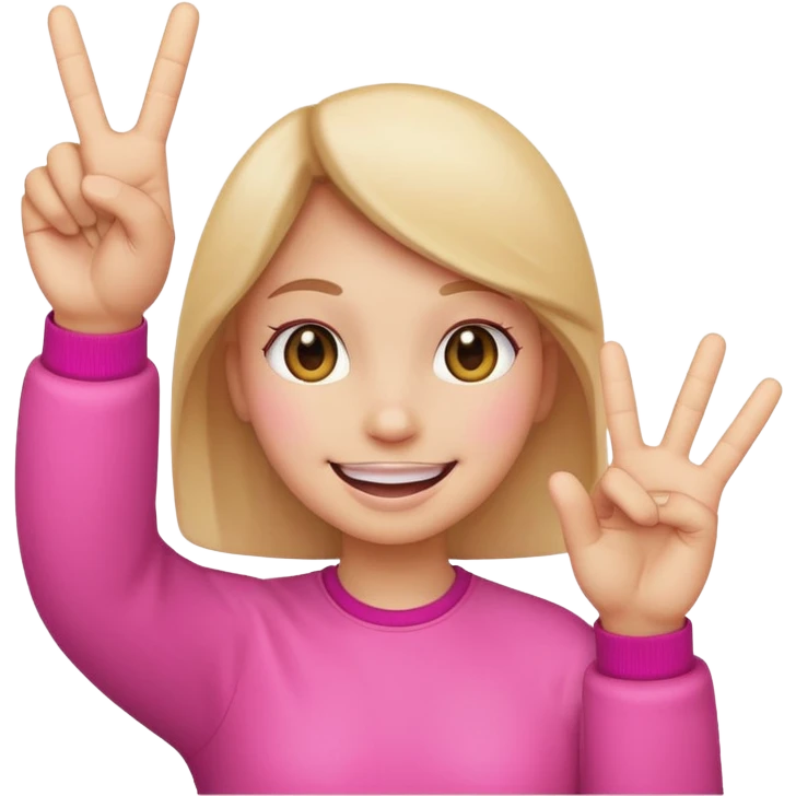 pink emoji face, big smile, making peace sign with hand emoji
