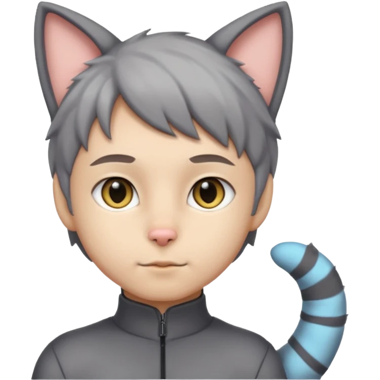 Boy in gray cat suit with tail and ears emoji