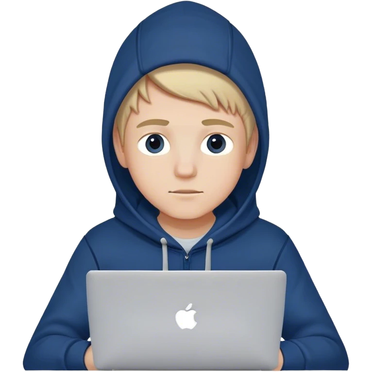 generate a beatiful boy with a macbook and wearing a dark blue hoodie with a headline IONOS ( in white)  emoji