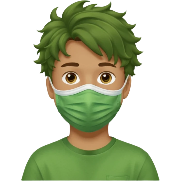 A teenage boy, tanned, wearing a green t-shirt , blue jeans and green sneakers with brown wavy tousled hair, , wearing a green cloth face mask emoji