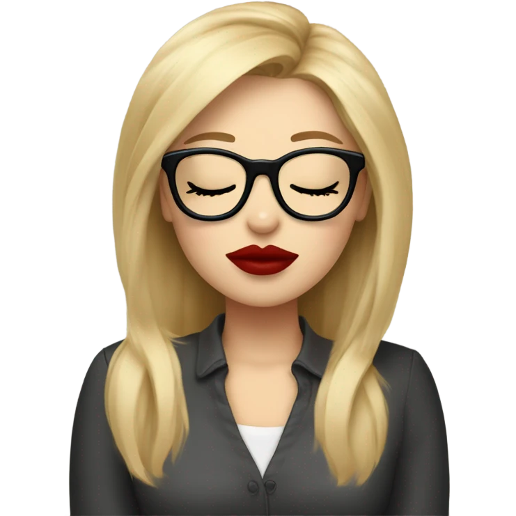 White girl, blonde hair, eyes closed, red lipstick,  wearing glasses kisses Yorkshire terrier  emoji
