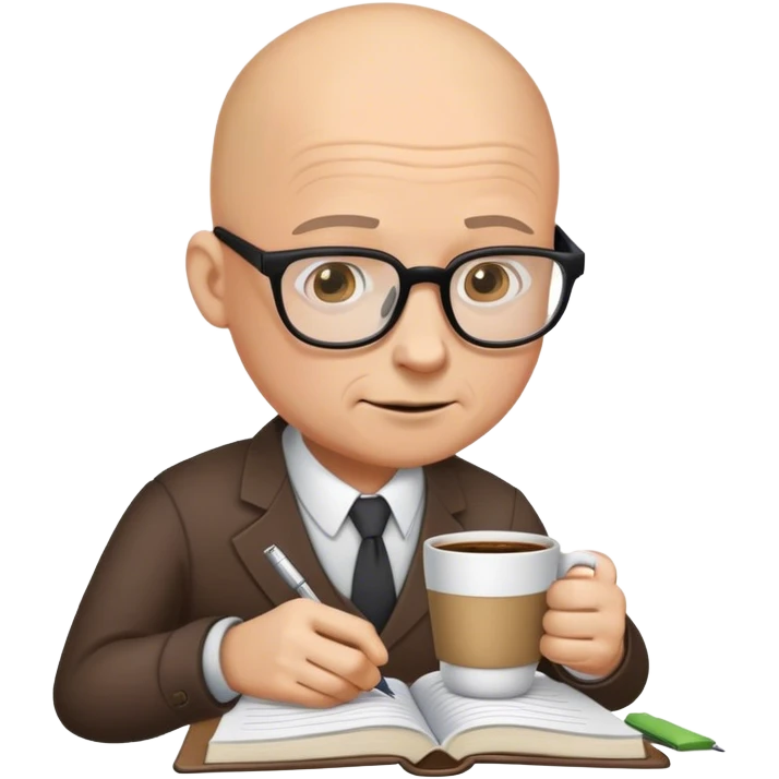 A bald man with glasses who spills his cup of coffee on his notebooks and notes. emoji
