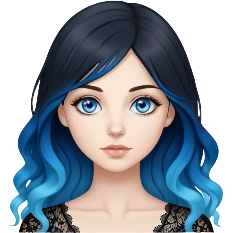 Beautiful Buxom-pawg-deep blue eyes-very long brunette to sky blue ombre hair-big juicy booty, wearing black lace, sfw emoji