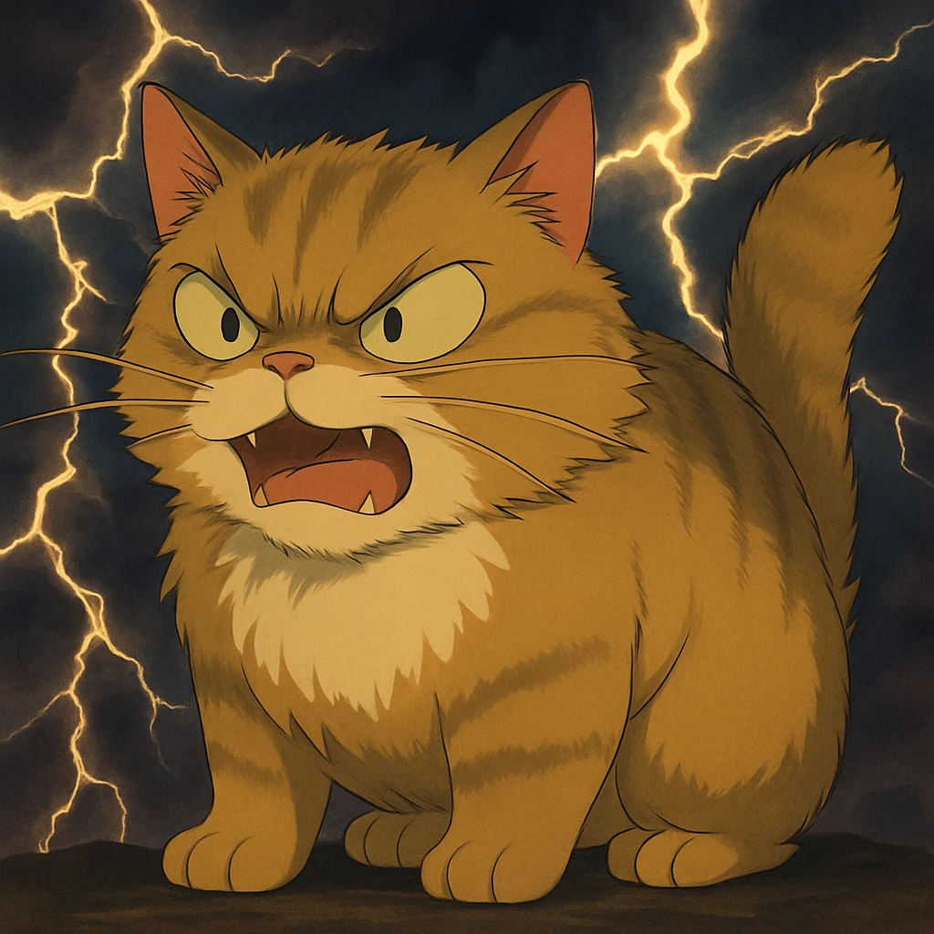 Add a dramatic lightning background behind the angry cat, keep the ghibli style. emoji