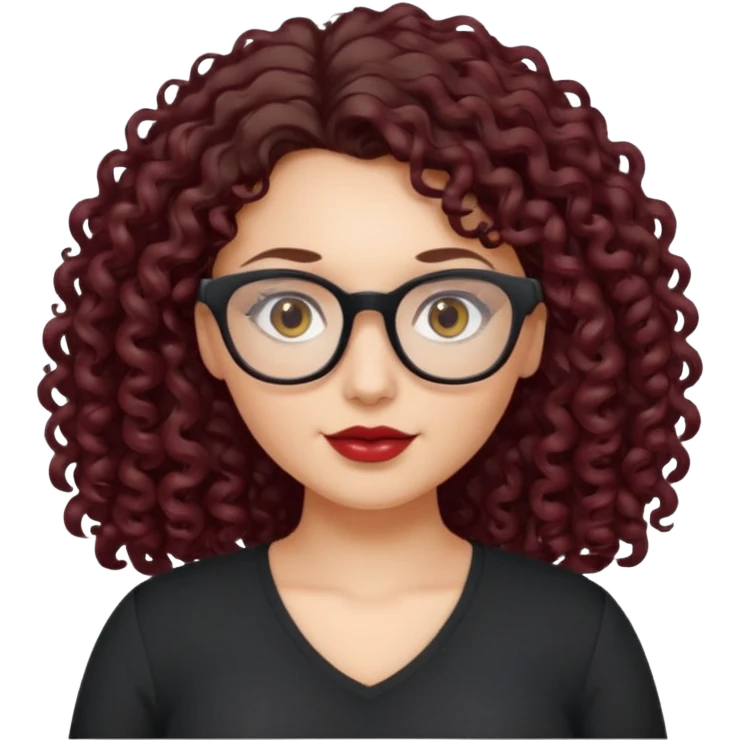 brunette , curly long hair , gray eyes , dark red glasses , curvy emoji