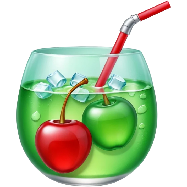 Create an emoji with a very clear rounded glass and ice, bright transparent green soda , a smooth vanilla scoop circle shape, a glossy red cherry, using vibrant colors, soft shading, and clear glass highlights.
 emoji