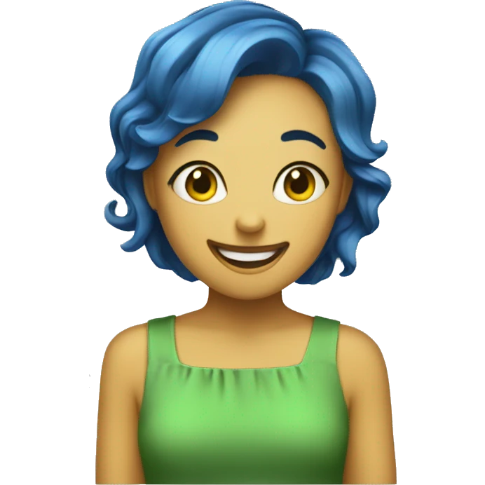yellow girl with a very short blue pixie cut who is very happy and a green dress emoji