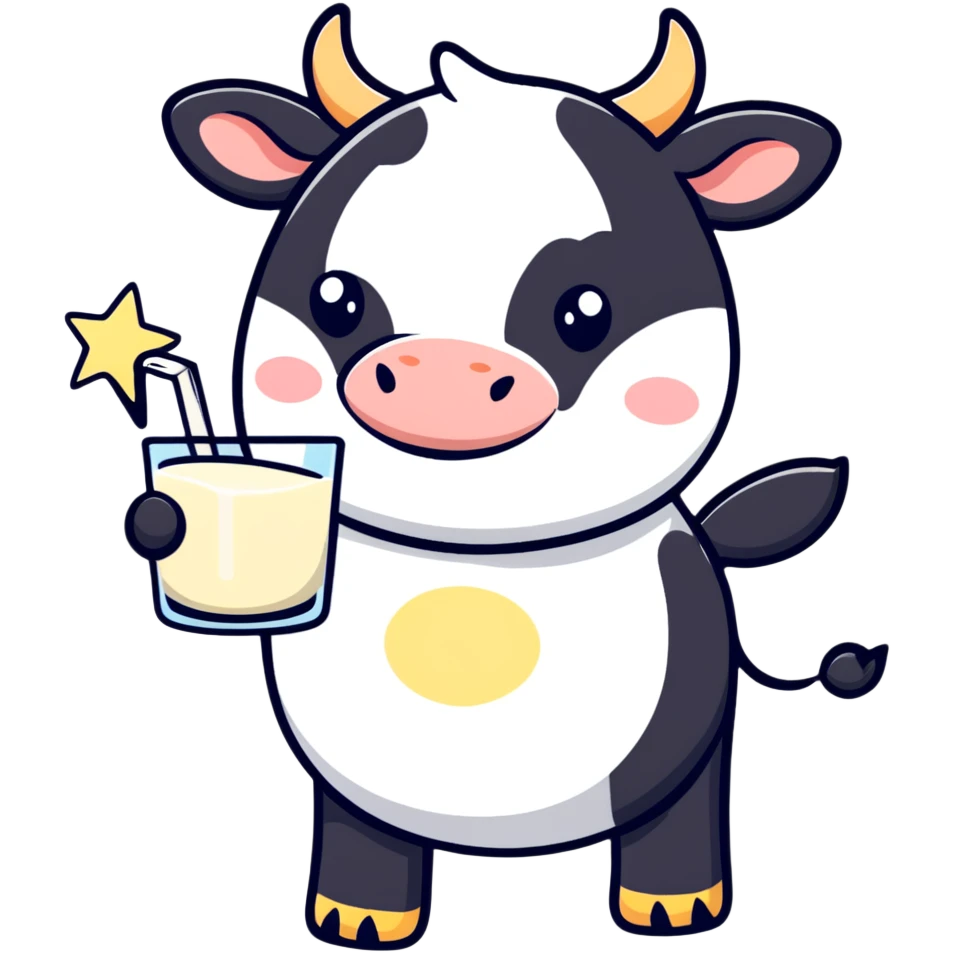 A dreamy cow with stars around it, soft eyes, and flowing milk lines emoji