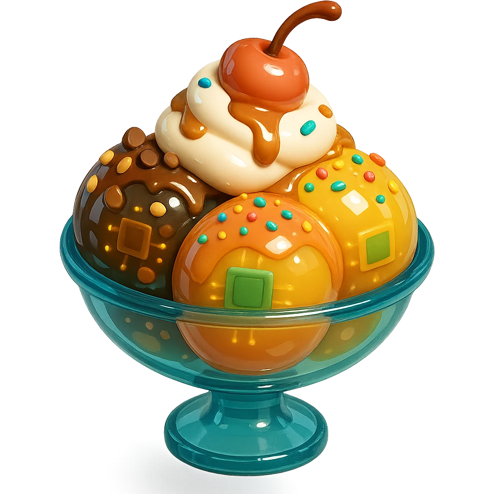 Add extra toppings: chocolate chips, caramel drizzle, chopped nuts, and colorful sprinkles to the 3D glossy ice cream sundae. Keep the glass dish, whipped cream, and cherry on top. No background. emoji