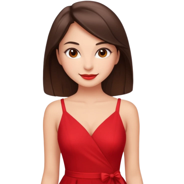 Cartoon emoji of a young brunette woman with fair-medium skin, brown eyes, wearing a red outfit. Full-height, standing confidently in a red dress  posing sexy with a smile and relaxed posture. Smooth, friendly, stylized, make up on, flirty eyes and smile in a sexy position  emoji
