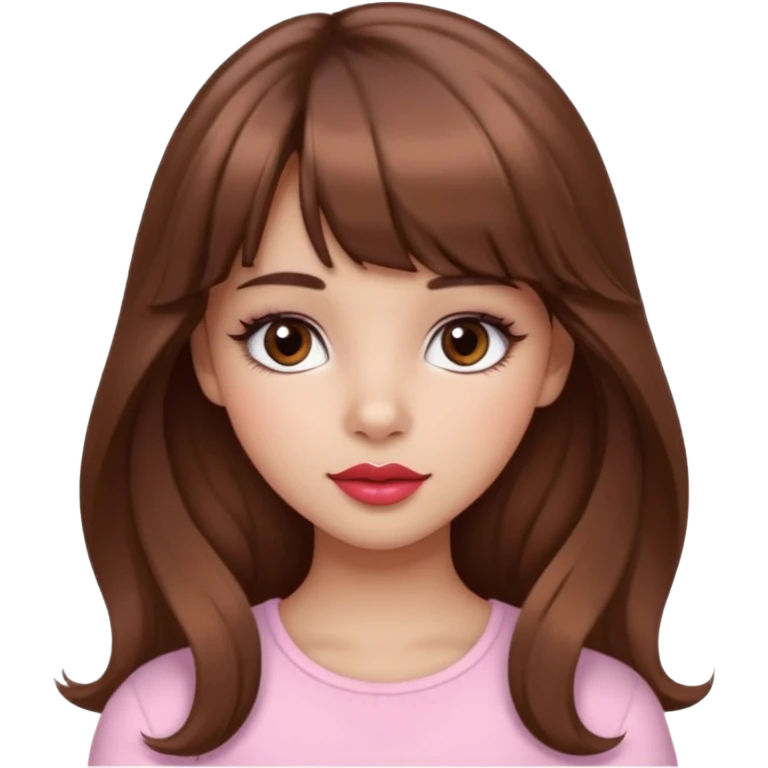 A girly girl with medium skin, soft pinkish cheeks, large bambi dark hazel eyes with long eyelashes, long wavy brown hair with full soft bangs, medium straight nose with a soft tip, medium natural red lips,very feminine and pretty features, emoji