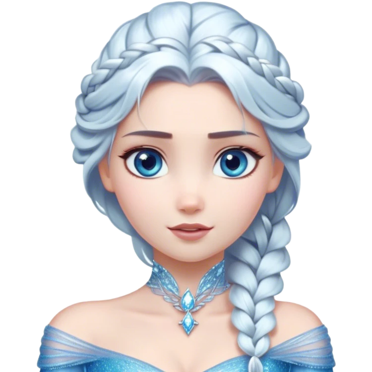 Cinematic Stunning Elsa Portrait Emoji, Ice-blue gown shimmering, platinum hair flowing in a graceful braid, piercing blue eyes glowing with icy magic, an aura of regal power and breathtaking beauty, frozen elegance at its finest! emoji
