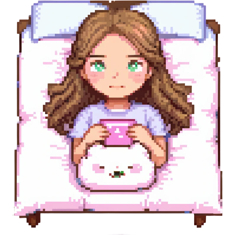Girl lying on a pink pillow, light brown hair, gray eyes, iOS 18 style emoji