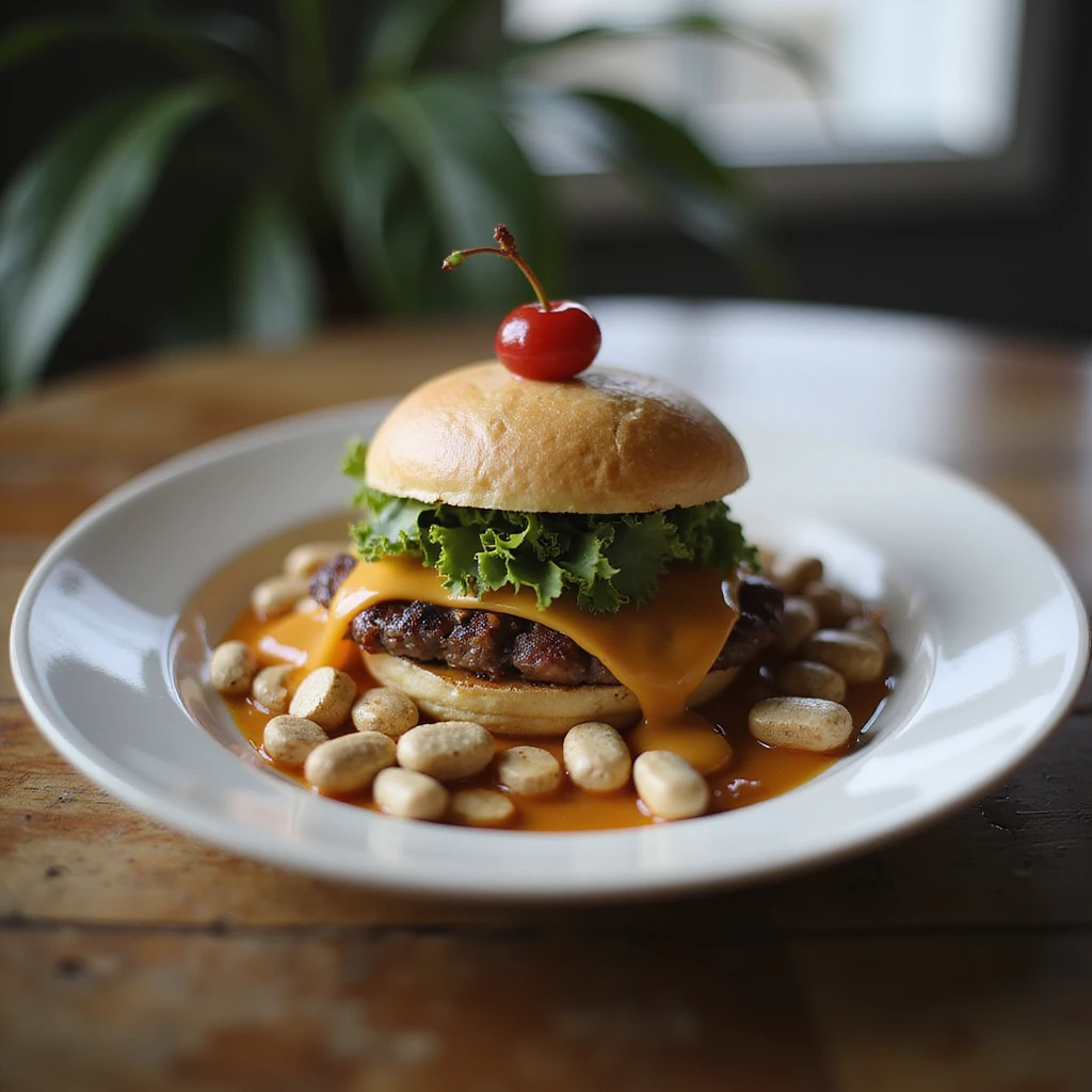 realistic image of a dietary supplement creatively placed as the cherry on top of a healthy food plate, elegant atmosphere, refined details, modern environment emoji
