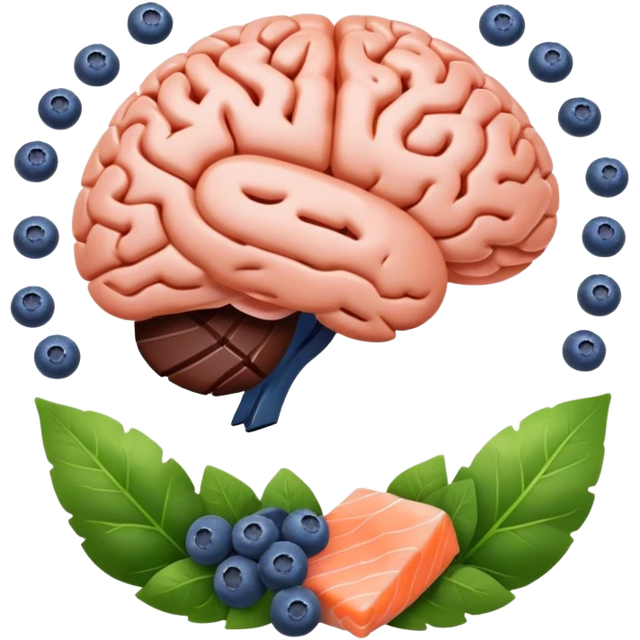 brain surrounded by healthy lifestyle choices, exercising, salmon, dark chocolate, blueberries, seeds, leafy greens . brain booster emoji
