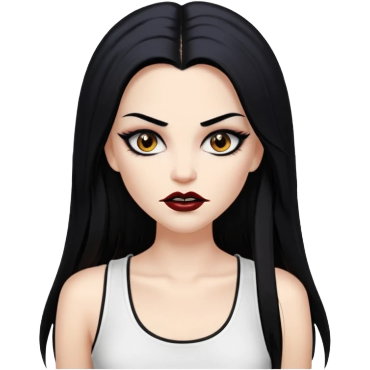 White woman with a white tank top long black hair glossy middle part straight long hair vamp look with fangs brown eyes eyeliner winged with lashes top and bottom white border big lips black eyebrows emoji