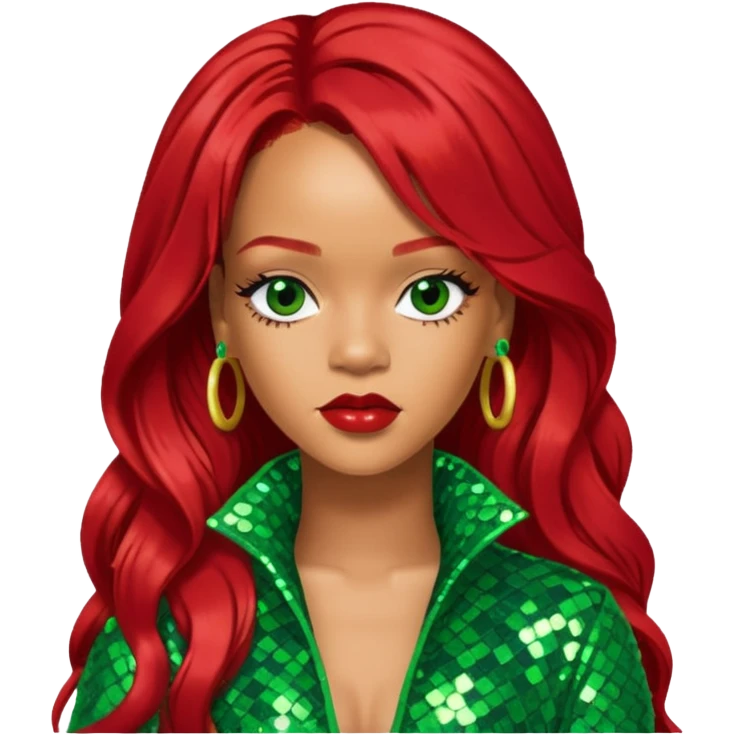 Rihanna with long red hair, green sequin outfit emoji