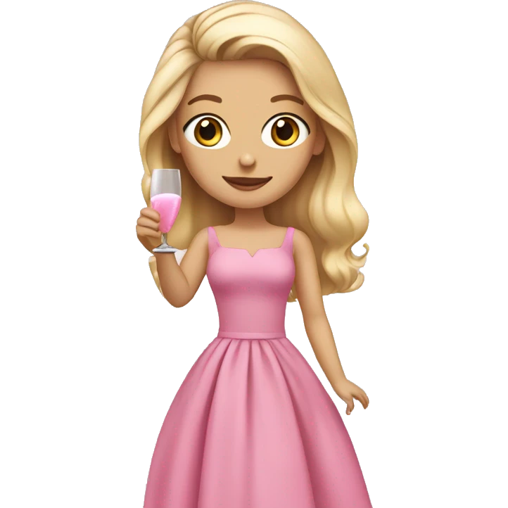 blonde girl with brown eyes in a pink dress holding champagne in her hands emoji