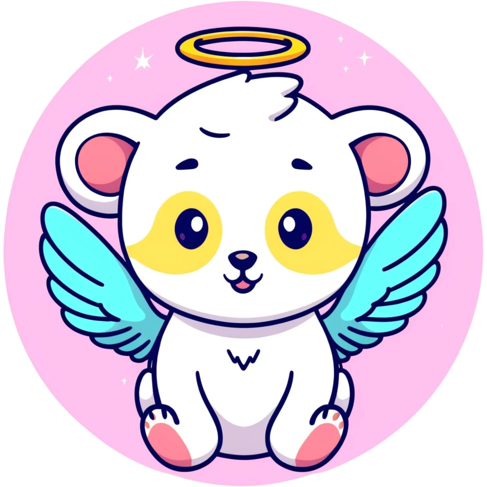 possum with angel wings, sparkles, glowing halo, vibrant neon colors, cute big eyes emoji