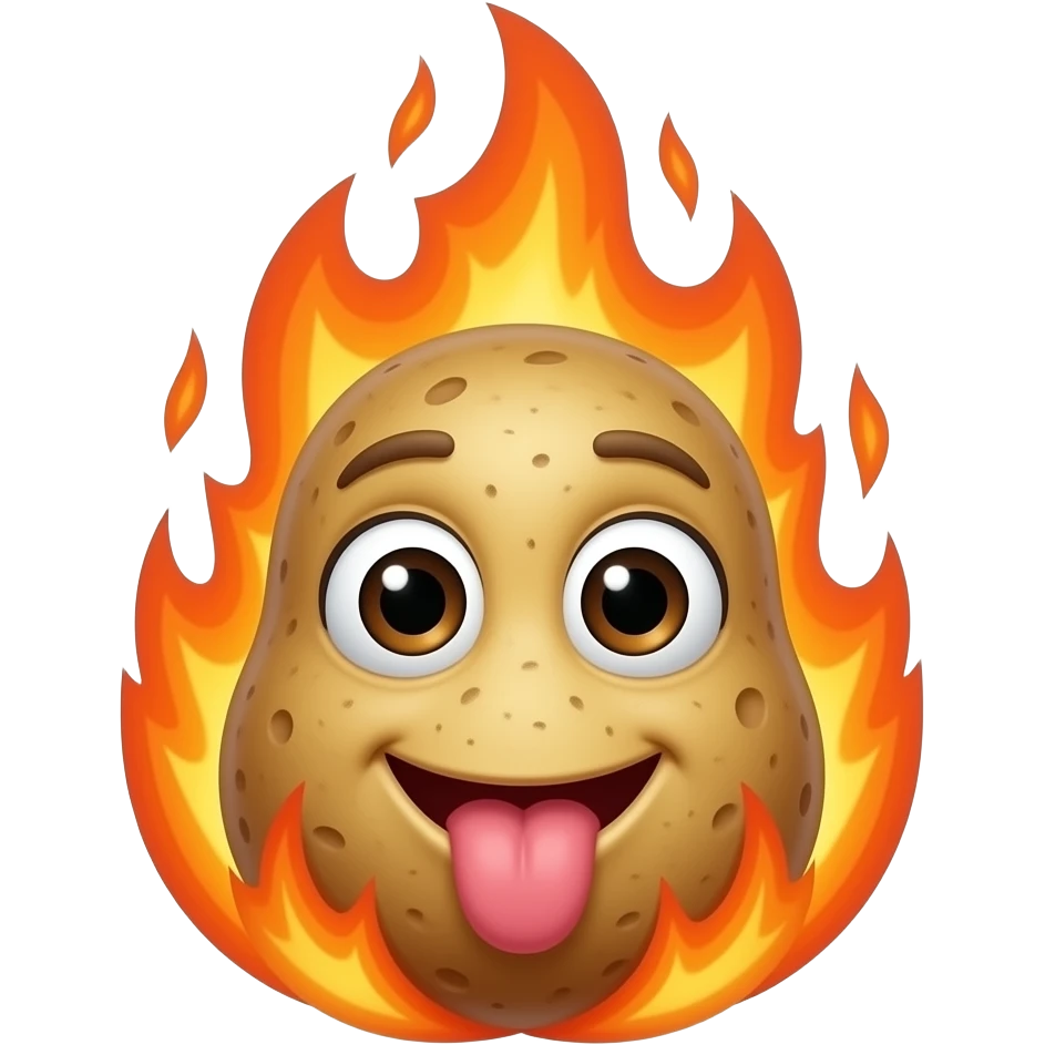 A potato on fire with a realistic face and tounge sticking out and realistic eyes emoji