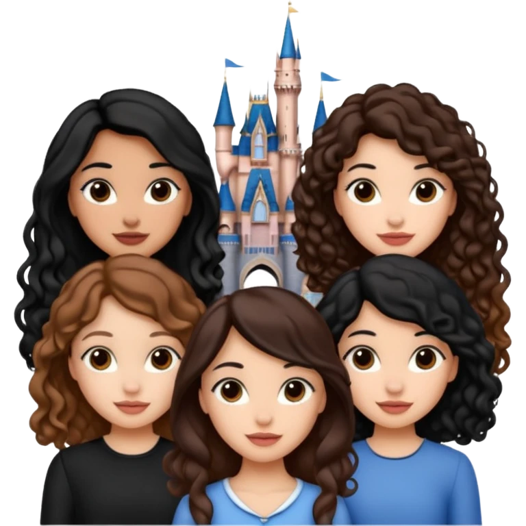 Quiero que crees una imagen donde este el castillo de Disney y por detrás o delante pon a 4 chicas: una con el pelo largo rizado marrón , otra con el pelo muy corto negro, como un chico, otra con el pelo mediano liso marrón y otra con el pelo negro largo liso  emoji
