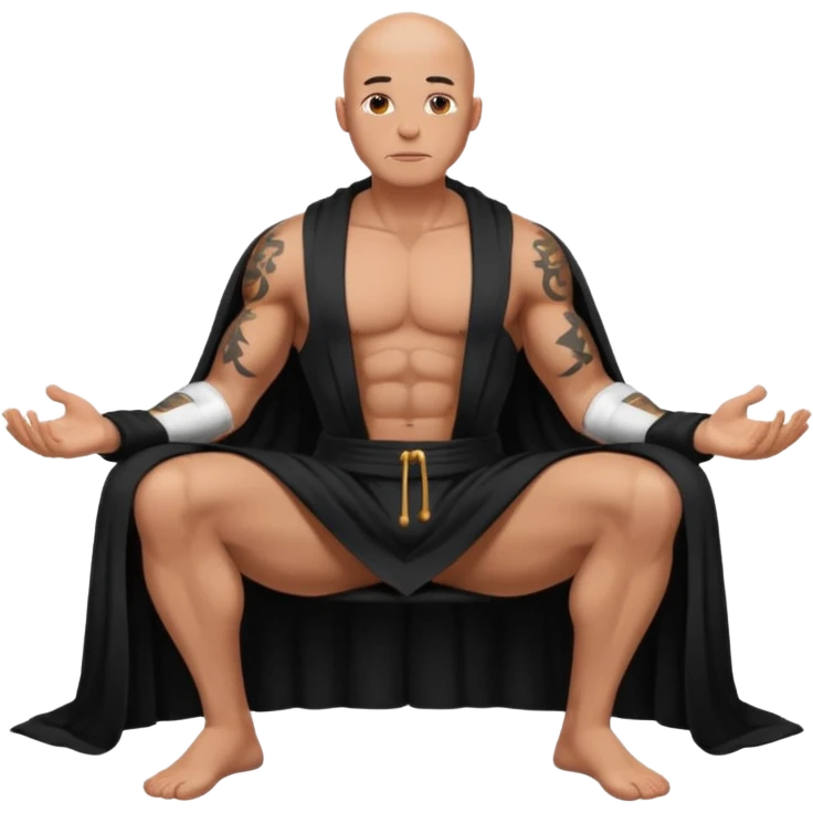 fullbody jacked bald guy, sleeveless and unbuttoned in full black robe sitting emoji