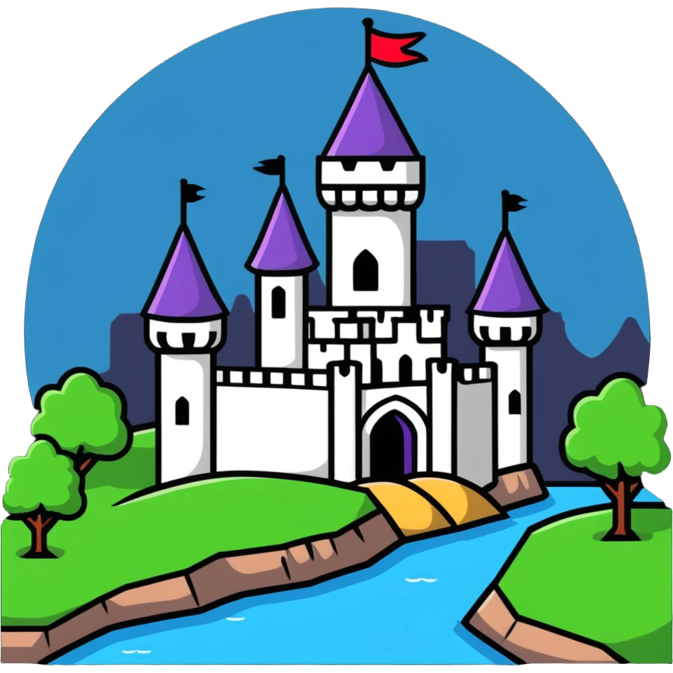 sticker style icon of Mértola with cartoon castle and river emoji