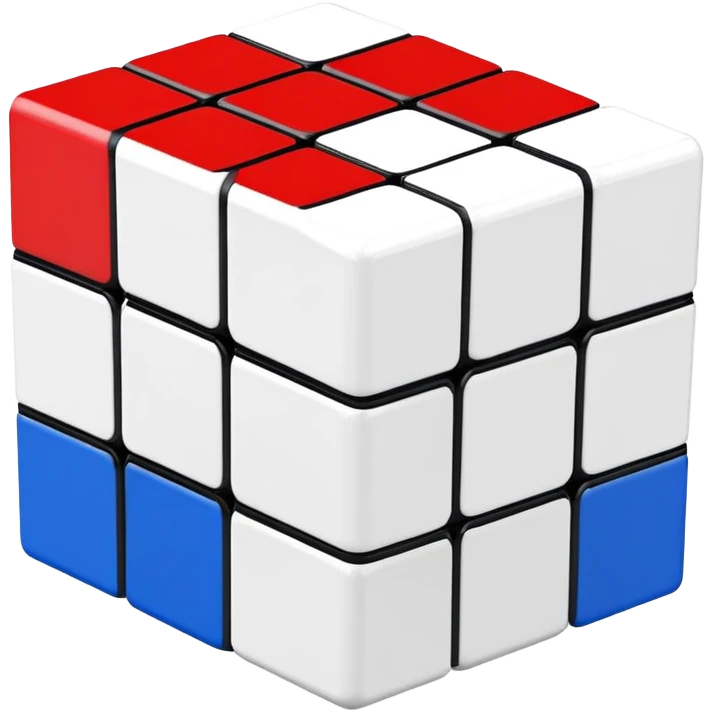 A partially solved 3x3 Rubik's Cube with only blue, red, and white colors, simple clean iOS emoji style emoji
