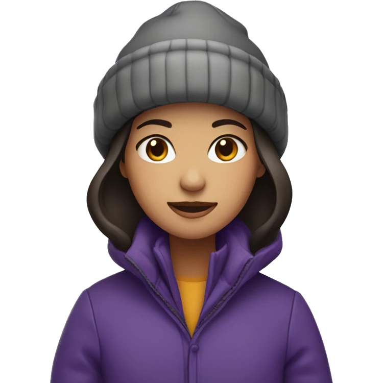 girl with dark hair wearing purple winter hat and coat emoji
