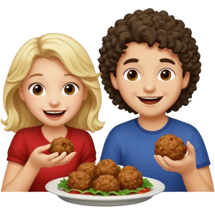 Ragazza bionda leggermente mossa che ride ad un ragazzo con i capelli ricci scuri mentre mangia polpette emoji