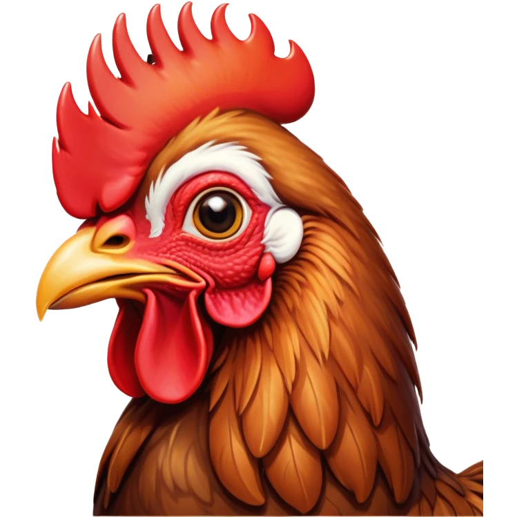 Cinematic Cute Brown Rooster Portrait Emoji, Head tilted playfully and inquisitively, featuring a glossy, immaculate brown plumage with a vibrant red comb, round, sparkling warm eyes filled with curiosity, Simplified yet irresistibly adorable features, highly detailed, glowing with a warm, friendly glow, high shine, affectionate and spirited, stylized with a touch of farmyard whimsy, bright and endearing, soft glowing outline, capturing the essence of a mischievous yet loving rooster, so playful it feels like it could strut out of the screen and into your arms! emoji