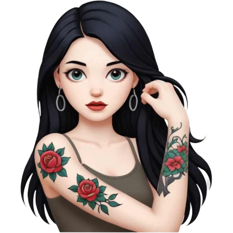 hyper realistic beautiful Pale girl with long black hair arm tattoos emoji