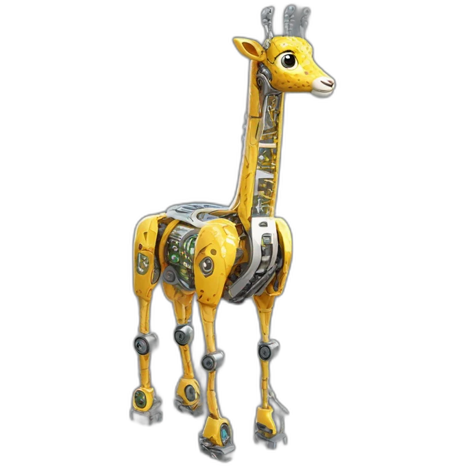 Una girafa robotica con patrones de circuitos brillantes en su piel, piernas con juntas móviles y piezas de metal relucientes emoji