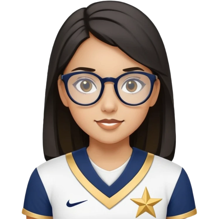 Medium skin girl wearing black prescription glasses with cheer uniform in the color navy white and gold. Saying STARS on uniform top.  emoji