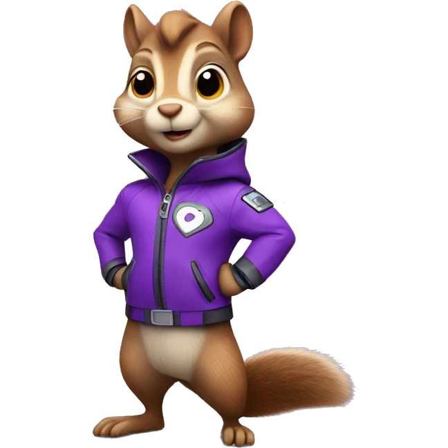 cute cartoon squirrel, wearing a purple super hero jacket with G emoji