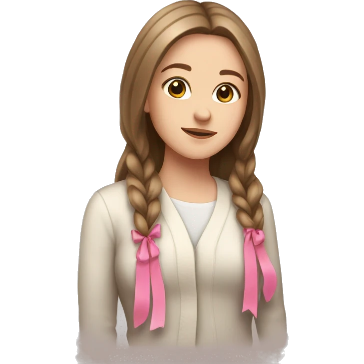 white girl, cardigan white, long straight brown hair, pink ribbon  emoji