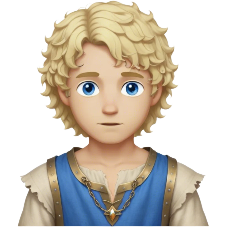 medieval summer outfit worn by a DnD themed fantasy male character. thin sleeveless linen tunic with a V-shaped neckline and frayed edges. clothes only above the waist. The clothes full waist. The character's haven't arms. character is white-skinned, blonde hair, blue eyes, short curly hair. emoji