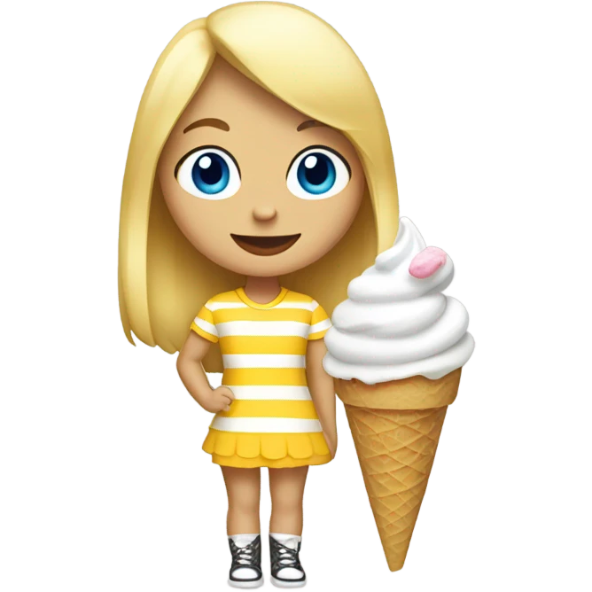 Girl with blonde hair, blue eyes, yellow striped shirt, holding vanilla ice cream cone emoji