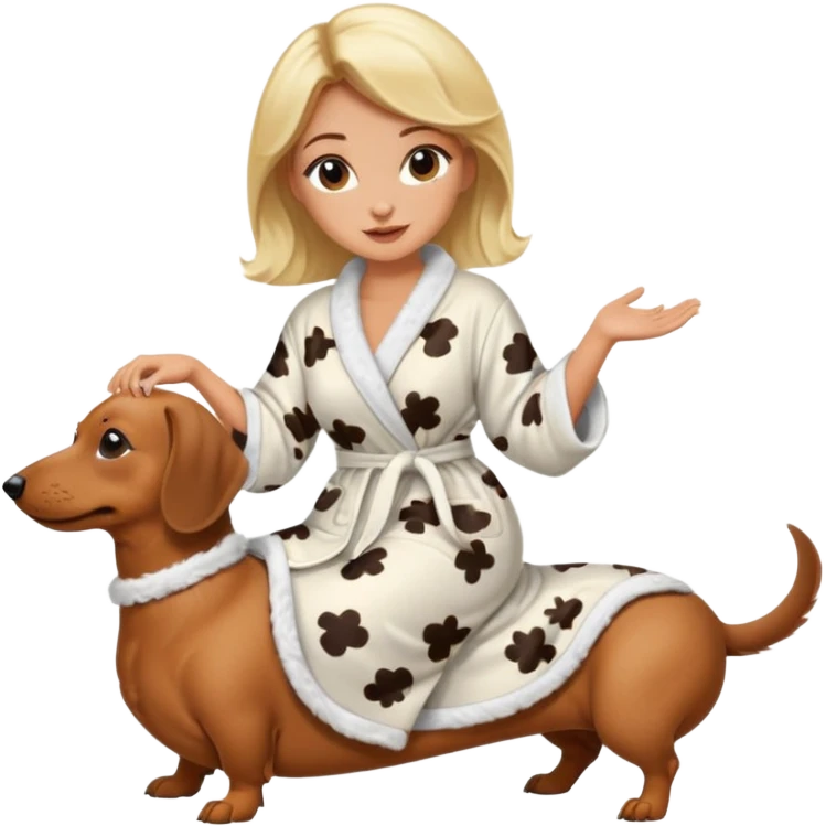 A blonde curvy woman riding on top of a dachshund wearing a robe emoji