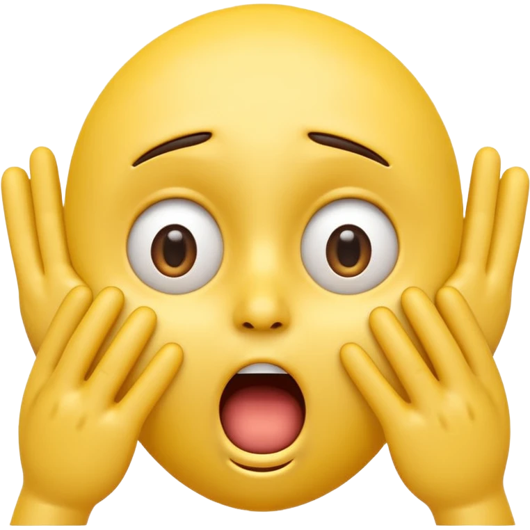 A 3D glossy yellow emoji of a shocked horrified face, with mouth and eyes are wide open, eyebrows  raised, and hands against their cheeks, face has no nose, black background, high quality, soft studio lighting emoji