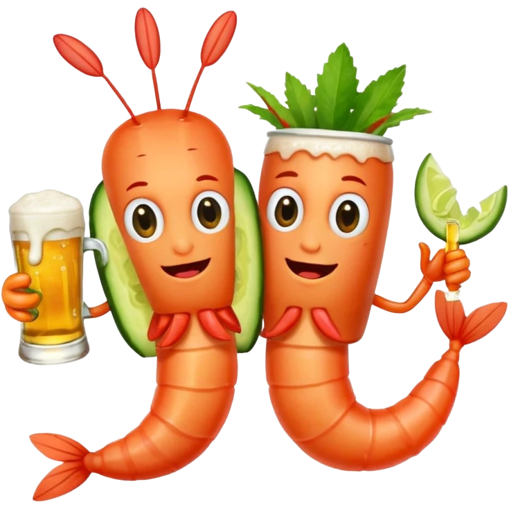 Create a modern emoji-style illustration of two shrimp characters, friendly and cool, slightly cartoon but stylish, not childish.
They are toasting (‘salud’), one shrimp holding a beer mug with aguachile topping, the other holding a fresh aguachile bowl with cucumber and chili.
  emoji