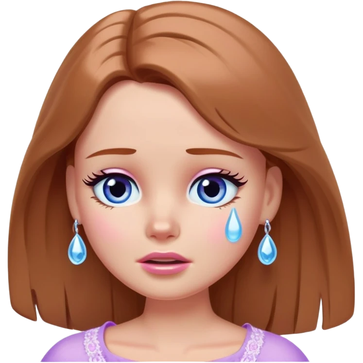Barbie girl Chestnut Shoulder-length hair and blue eyes is In pale purple crying with tears  emoji