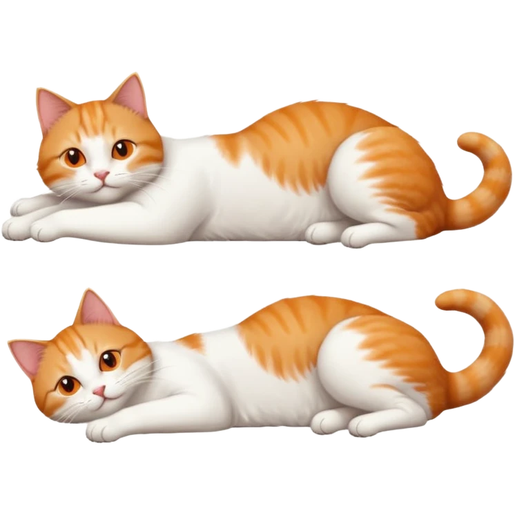 ginger and white cat with orange eyes doing a big extremely long stretch reaching up into the air with arms and legs side by side together straight and overextended whilst lying on its side emoji