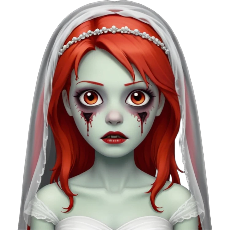 девушка зомби невеста с фатой, с рыжими прямыми волосами по плечи, с черными макияжем глаз, тонкими бровями, в стиле Apple avatar emoji