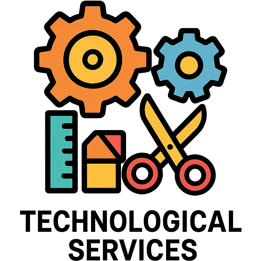 Flat design icon for 'Technological Services' depicting gears, ruler and scissors, or pattern block in a clean and modern style emoji